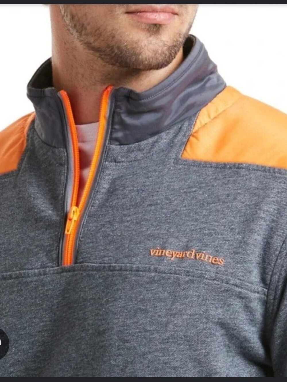 Vineyard Vines Men's Gray Quarter-Zip Sweater with Orange Accents Size M